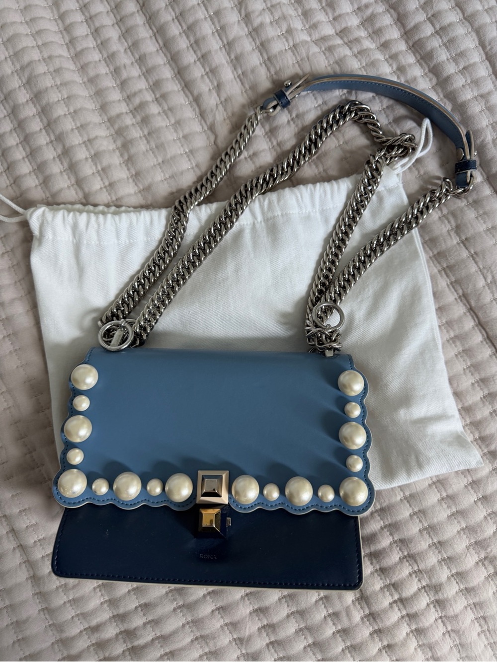 Fendi Two-Tone Blue Pearl-Trim Shoulder Bag with Silver Chain
